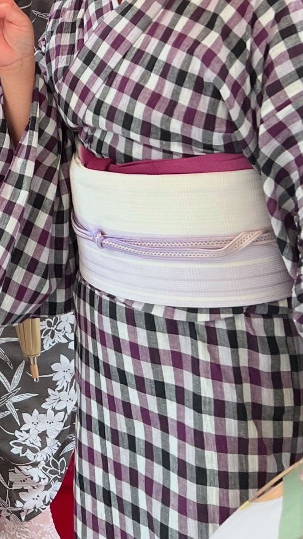 【値下げ】紫と黒と白の格子柄 浴衣　近江ちぢみ　綿麻　藤工房