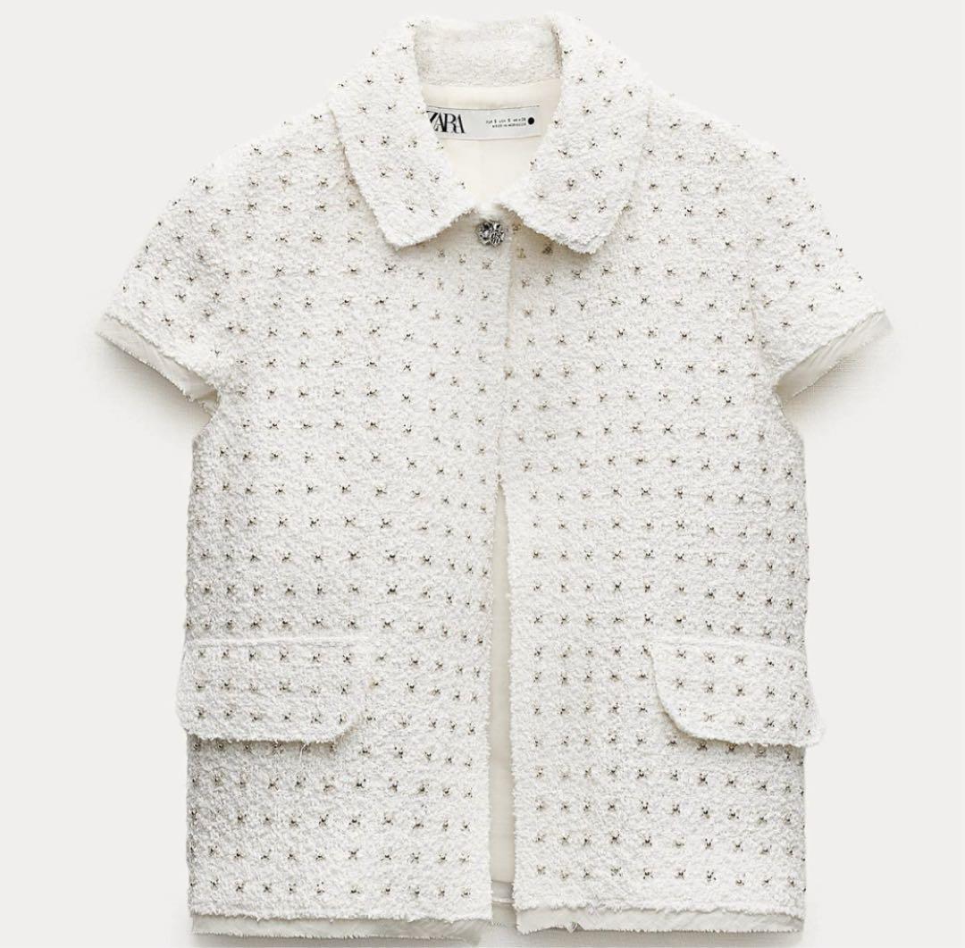 ホワイトビーズ付き半袖ツイードジャケット　新品