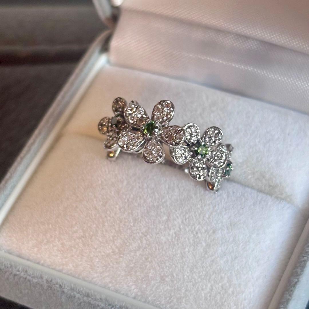 ポンテヴェキオ フラワーリング K18WG ダイヤモンド グリーンストーン