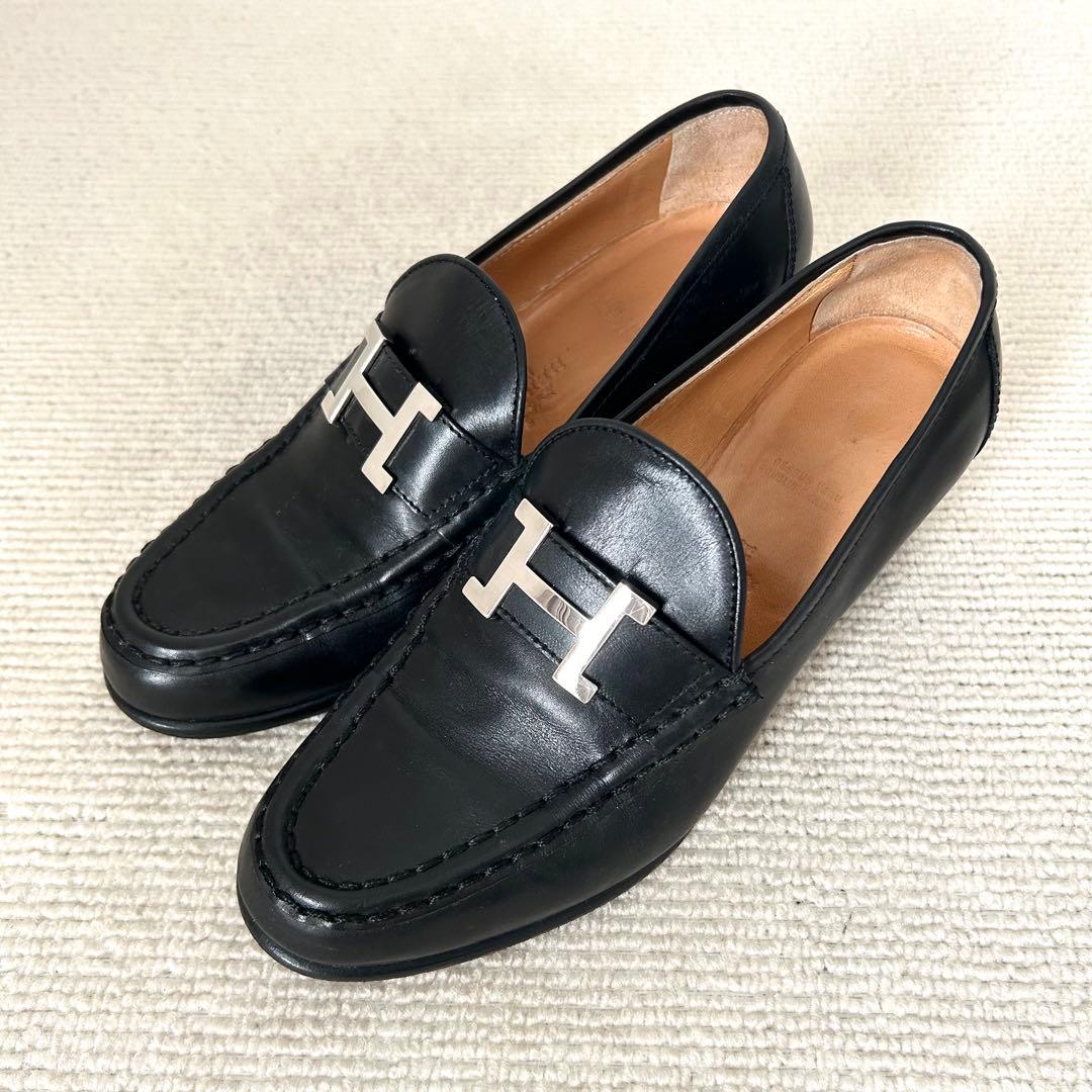 エルメス ローファー コンスタンス H金具 ヒール パンプス 黒 23cm