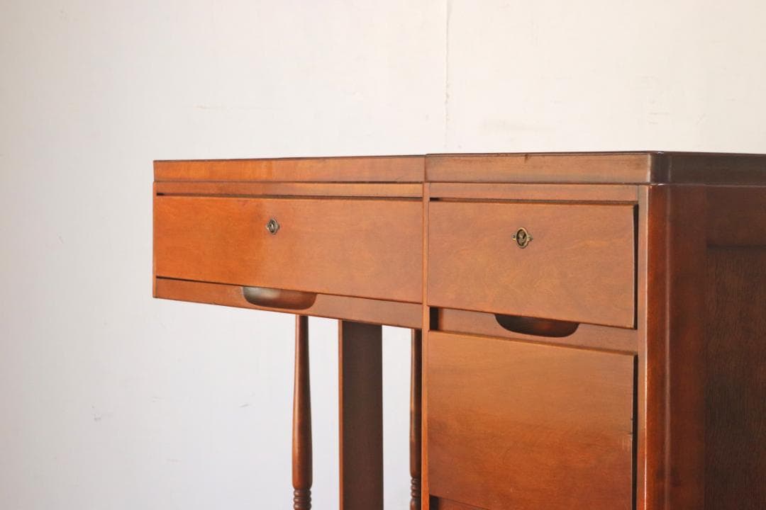 レトロ 片袖デスク 机 書斎 作業台 引き出し 抽斗 5杯 木製 古道具