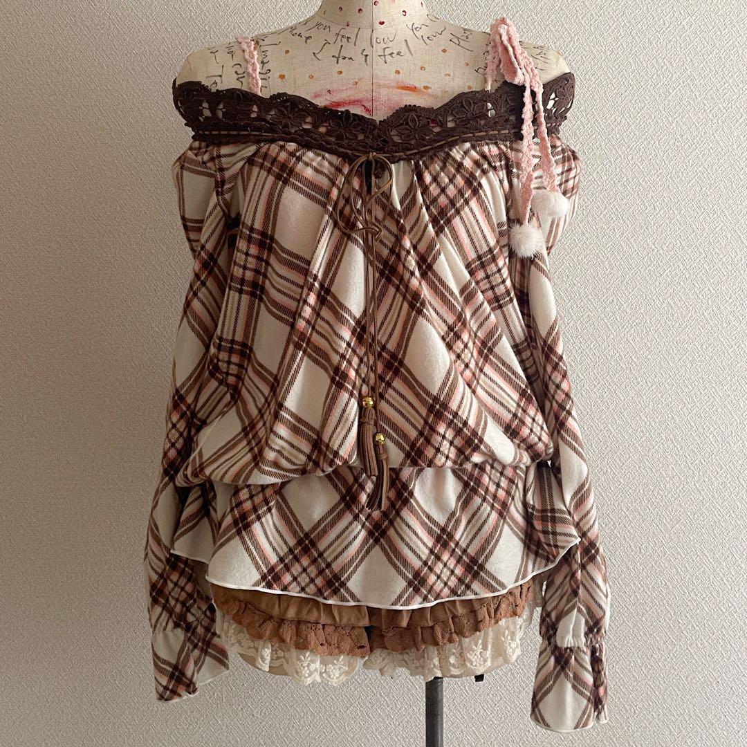 00s 希少 LIZLISA 2way 起毛チェック柄オフショルワンピ 姫カジ