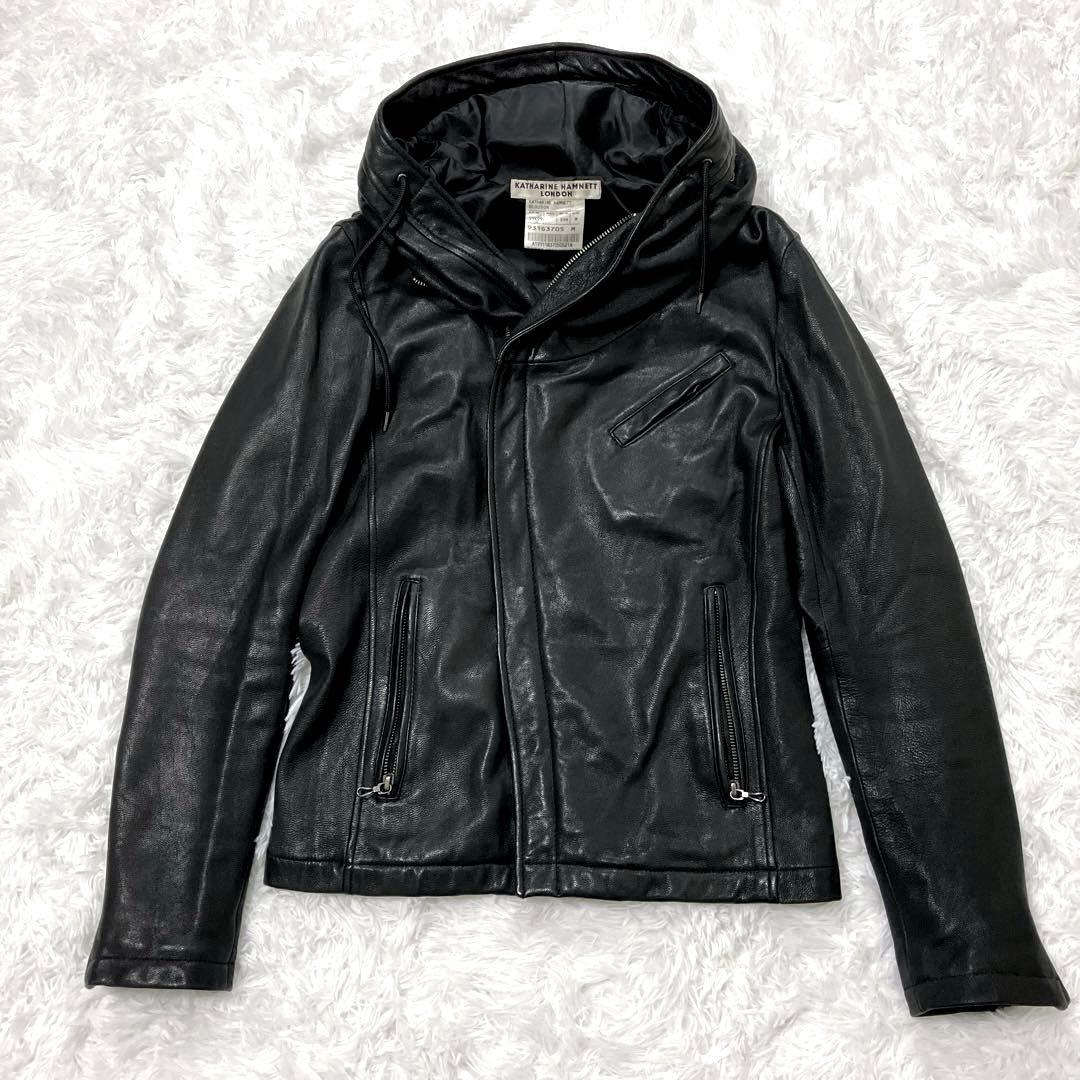 キャサリンハムネットロンドン　フーデッドライダースレザージャケット　M　山羊革