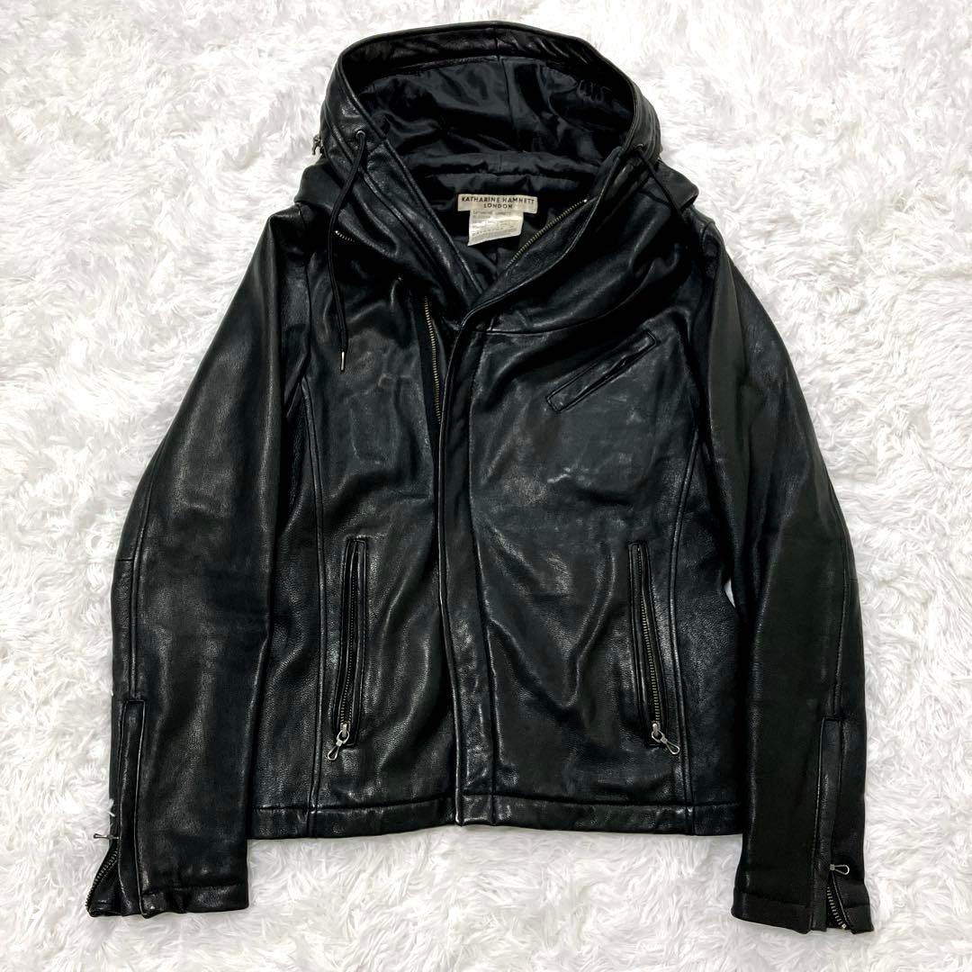 キャサリンハムネットロンドン　フーデッドライダースレザージャケット　M　山羊革