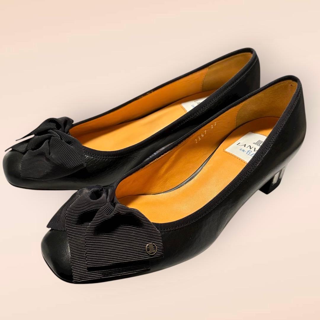 【極美品✨️】ランバンオンブルー 　ビジューパンプス リボン レザー　22