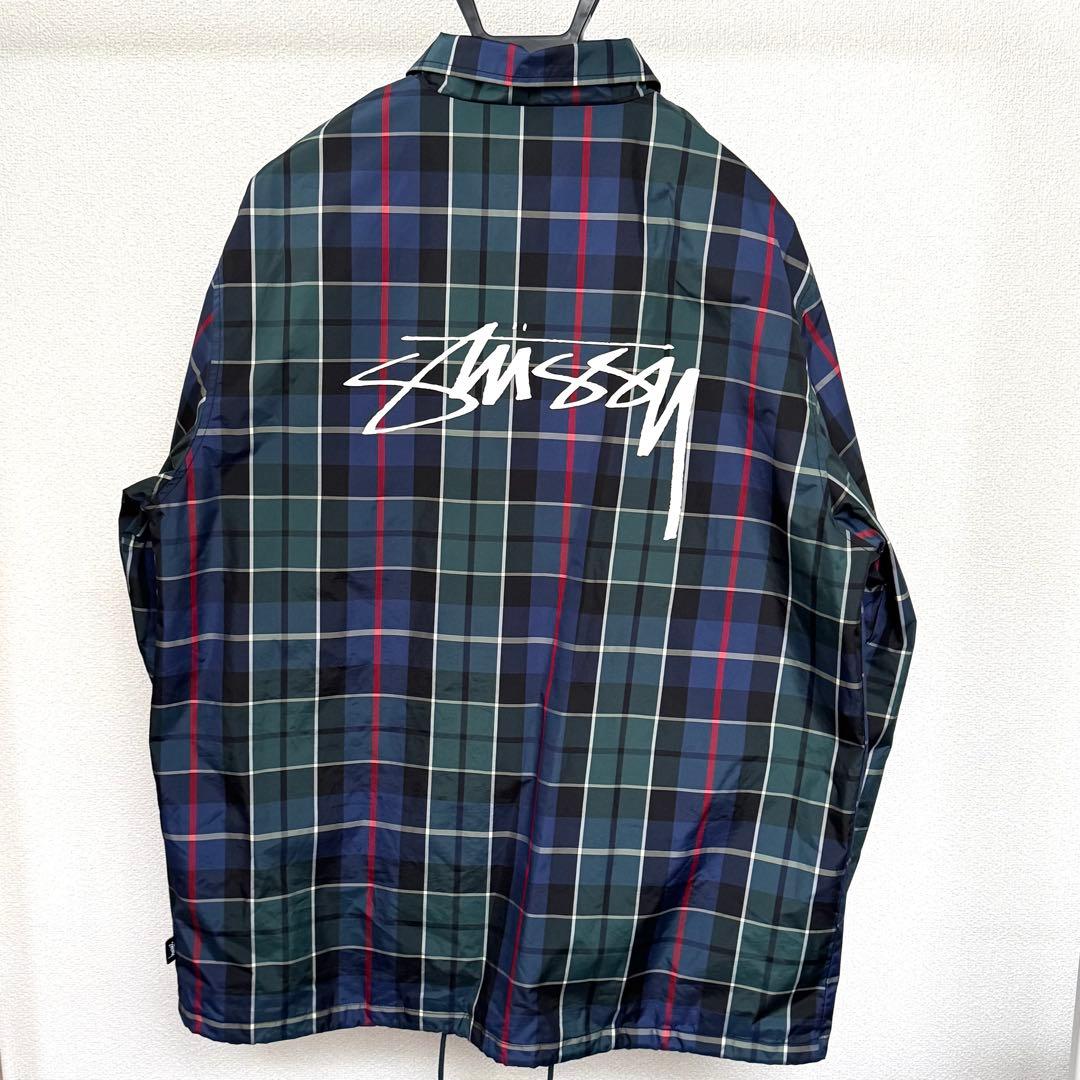 STUSSY チェック コーチジャケット バックロゴ 刺繍ロゴ L グリーン系