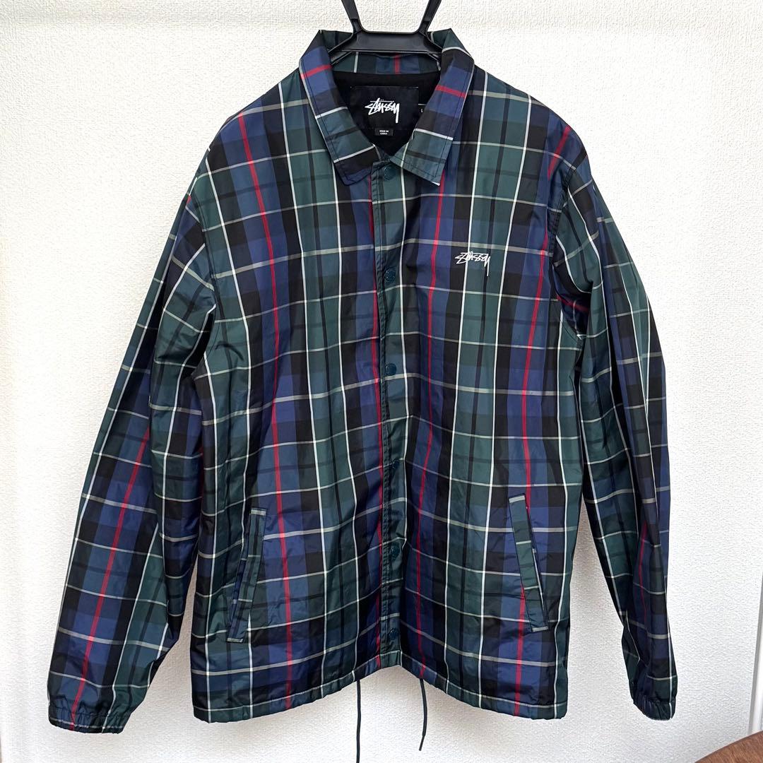 STUSSY チェック コーチジャケット バックロゴ 刺繍ロゴ L グリーン系