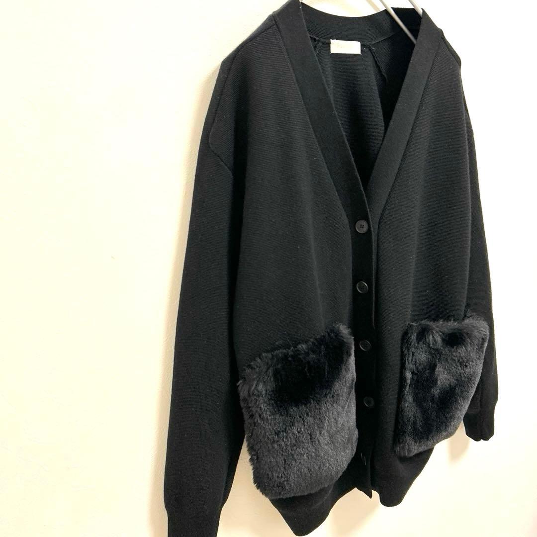 Ballsey ウールポリエステルミラノリブ ファーポケットカーディガン 黒 S