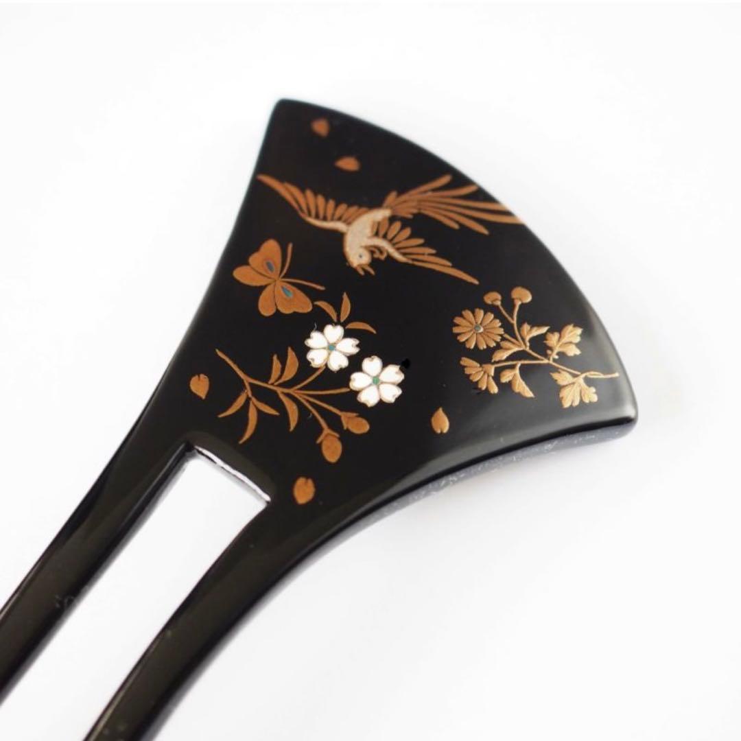 【美品】本漆純金蒔絵螺鈿かんざし　銀杏ピン　王朝文様（黒色）