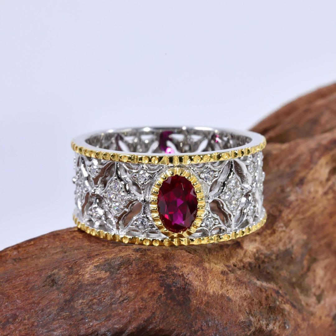 【S925純銀】ラボグロウン・ルビー 彫金ワイドリング／クラシックアンティーク