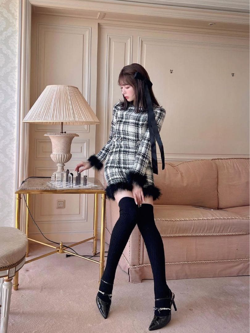 m me eme ロービングチェックフェザーワンピース