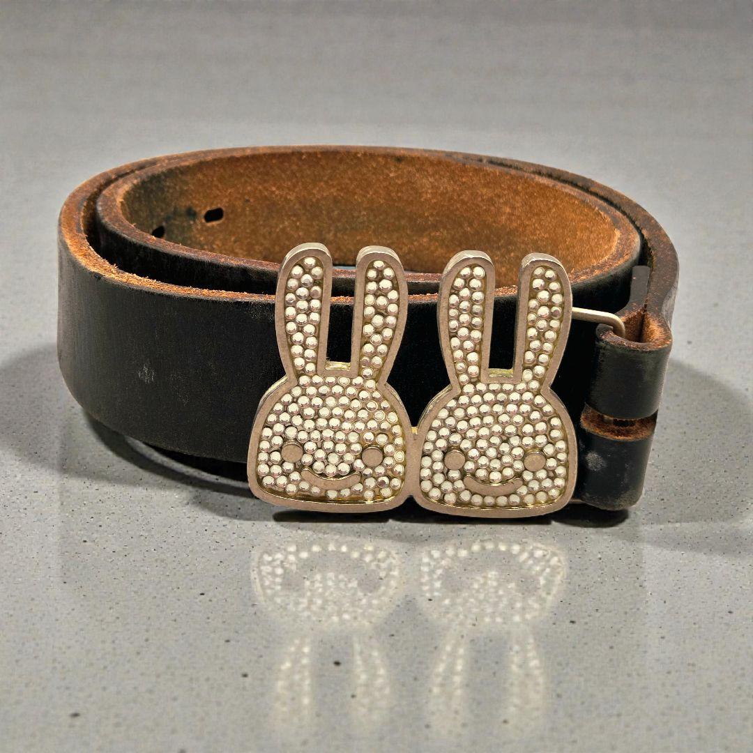 CUNE キューン ダブルうさぎ バックル レザーベルト ラインストーン 黒