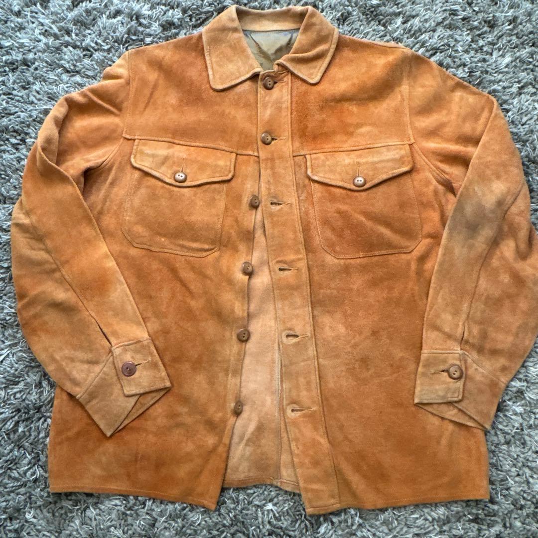 40s ヴィンテージ　レザーシャツ　スウェード　ベージュ　ベークライト