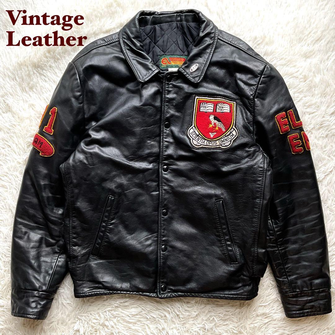 90's✨レザーコーチジャケット　スタジャン　本革　44 ブラック　ワッペン