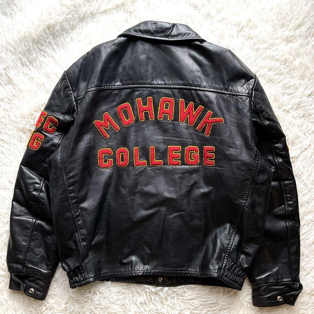 90's✨レザーコーチジャケット　スタジャン　本革　44 ブラック　ワッペン