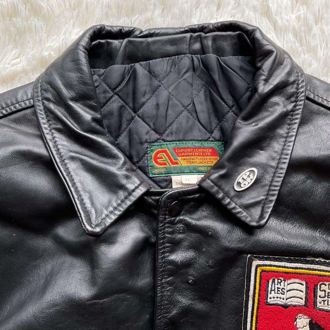 90's✨レザーコーチジャケット　スタジャン　本革　44 ブラック　ワッペン