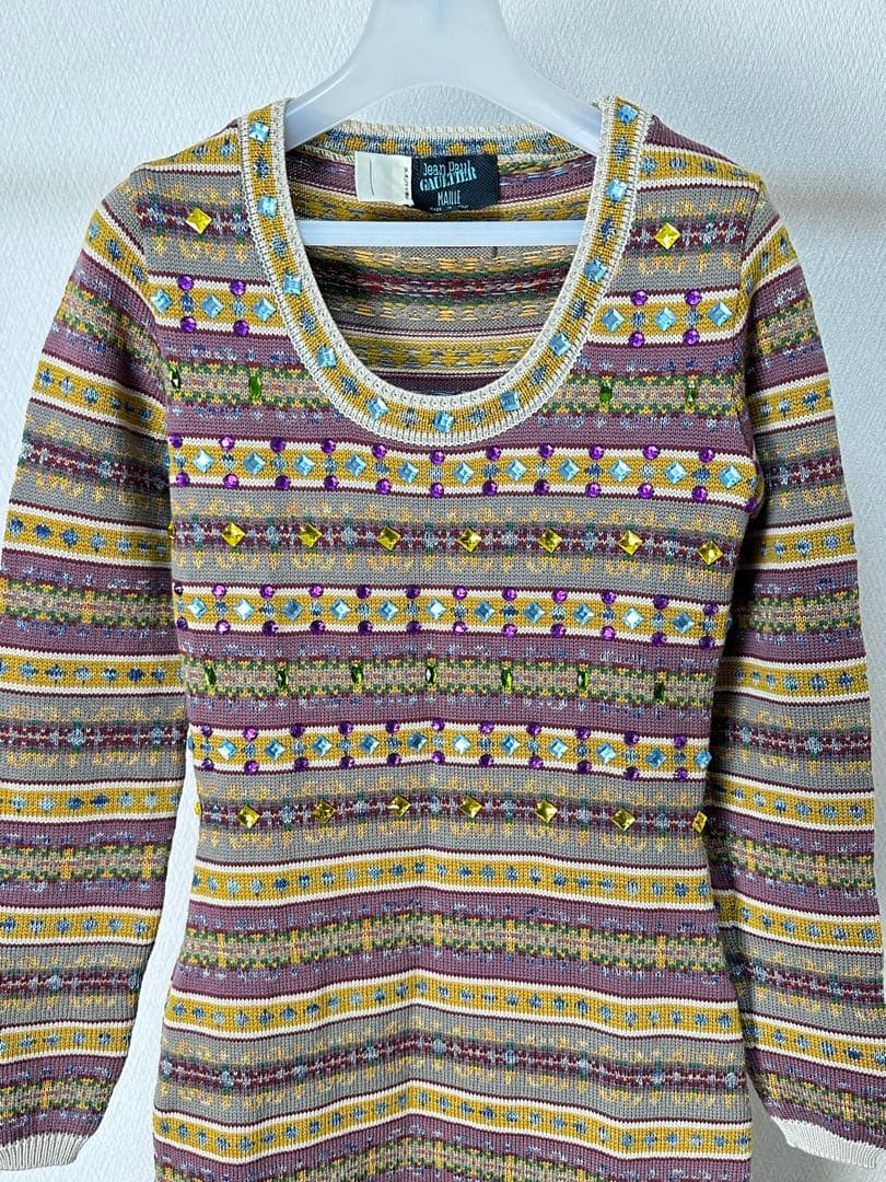 ジャンポールゴルチェマイユ クリスタルビジュー装飾 総柄ニットワンピース