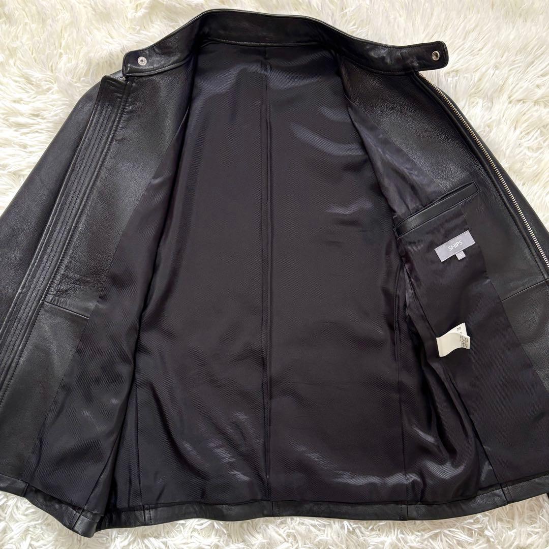 【極美品】羊革 SHIPS ラムレザー シングル ライダースジャケット 光沢黒