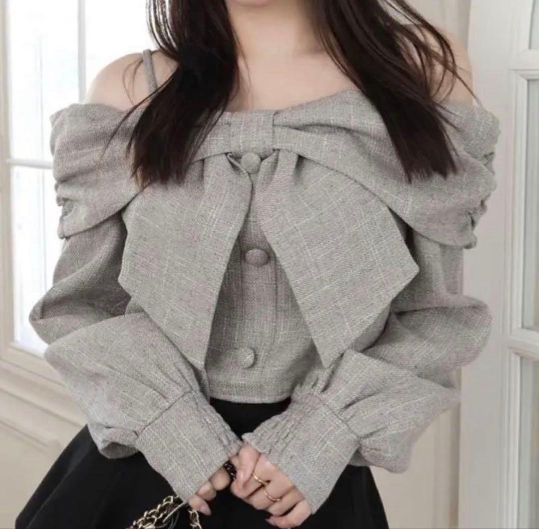 リボンオフショルロングスリーブトップス/LIP SERVICE/グレー