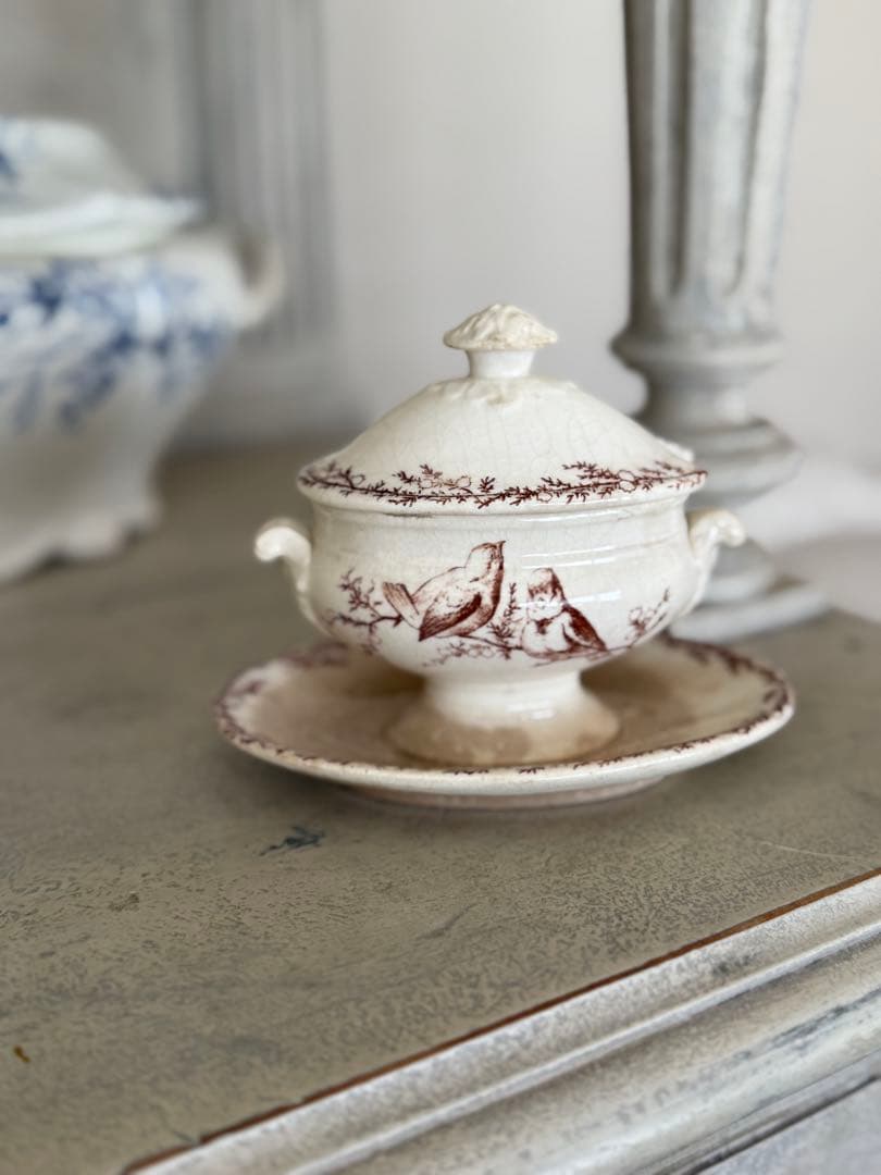 フランスアンティーククレイユモントローSYLVAミモザシリーズ小鳥柄ムタディエ