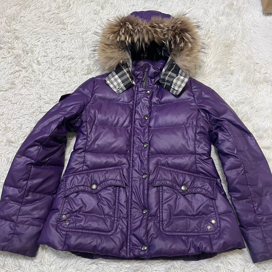 バーバリーブルーレーベル ダウンジャケット タヌキファー ノバチェック パープル