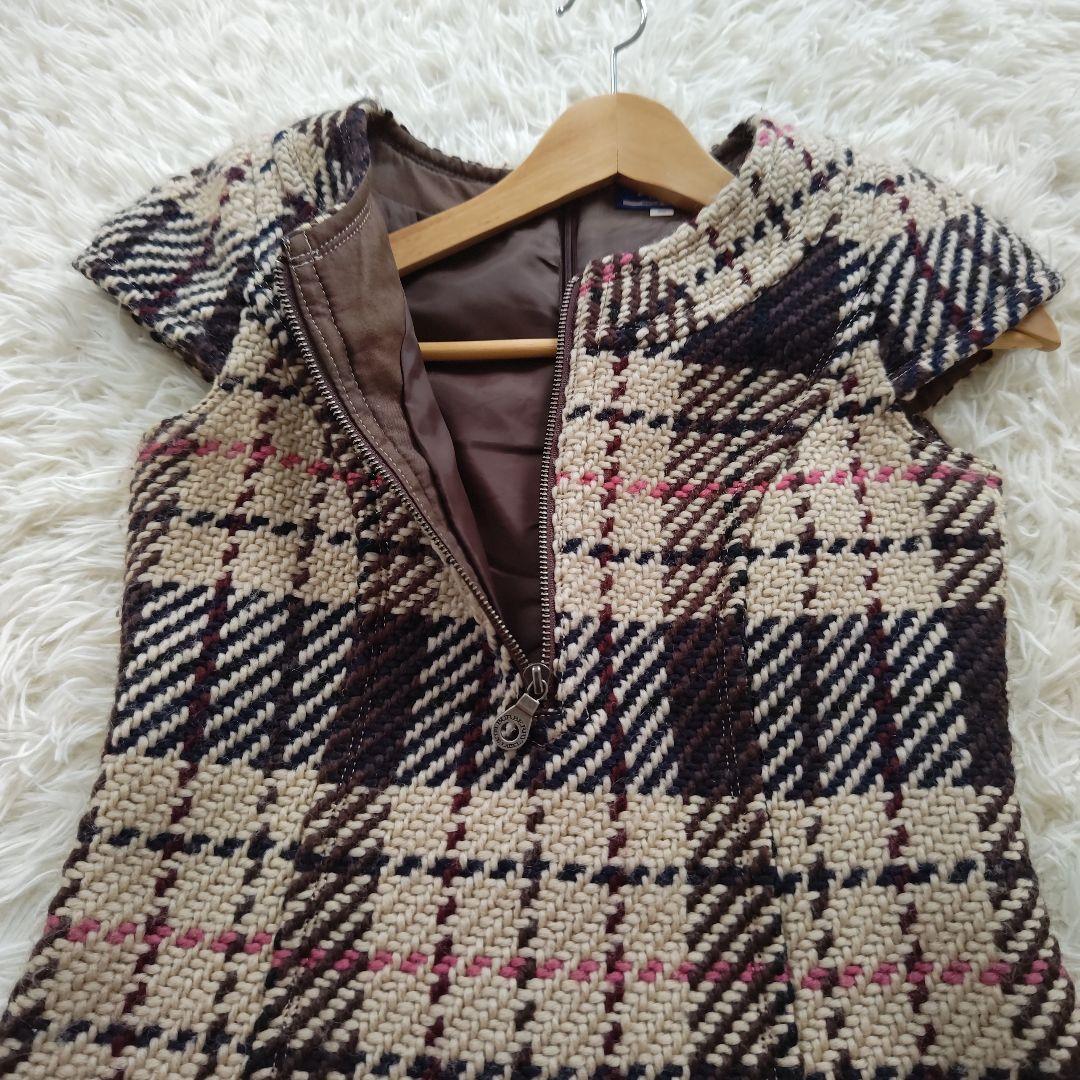 いちご様　バーバリーブルーレーベル　半袖ウールワンピース　チェック　ブラウン　M