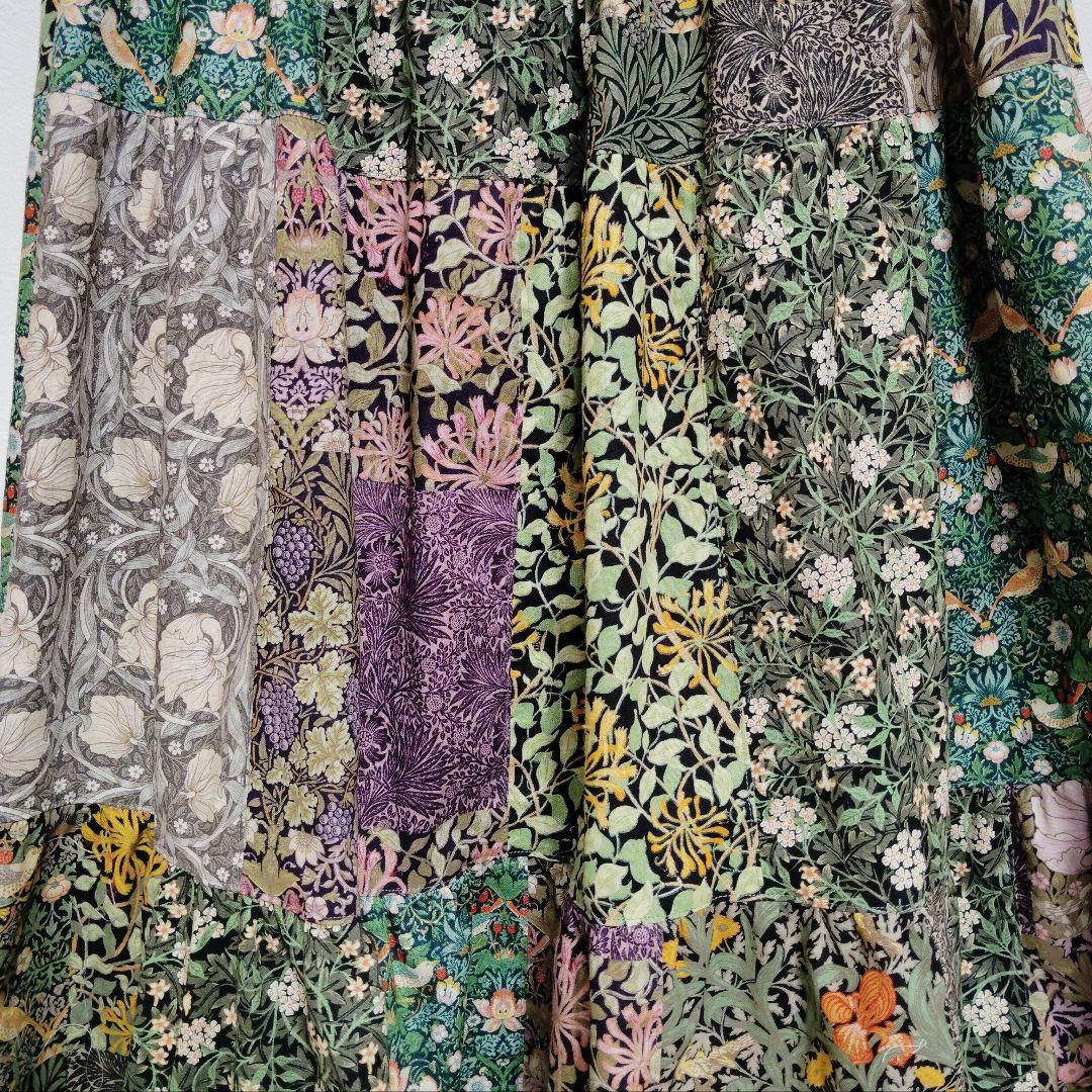 handmadeウィリアムモリス生地パッチワーク ティアードスカートfree　A