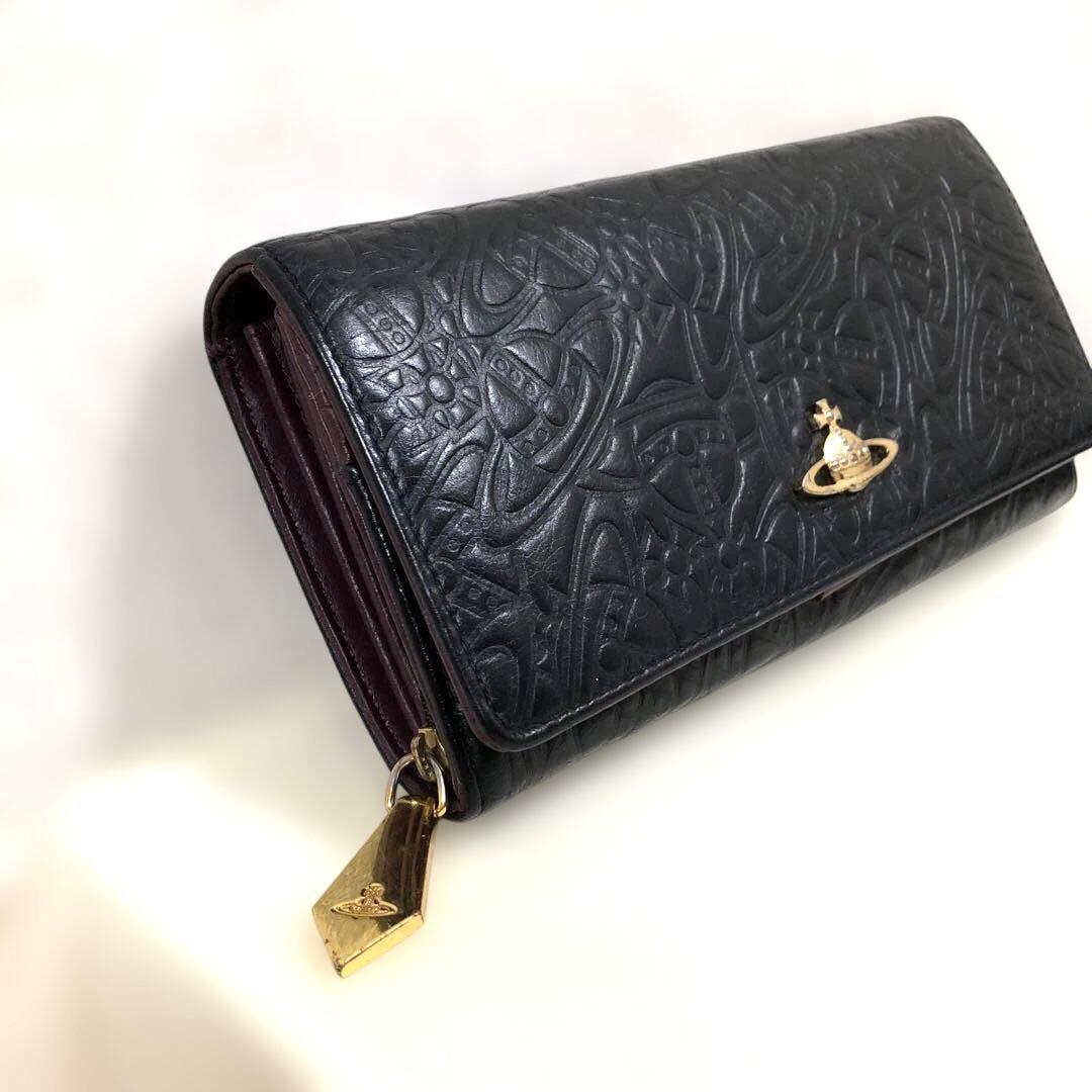 【人気】VivienneWestwood⭐️ブラック オーブ型押し長財布　金ロゴ付