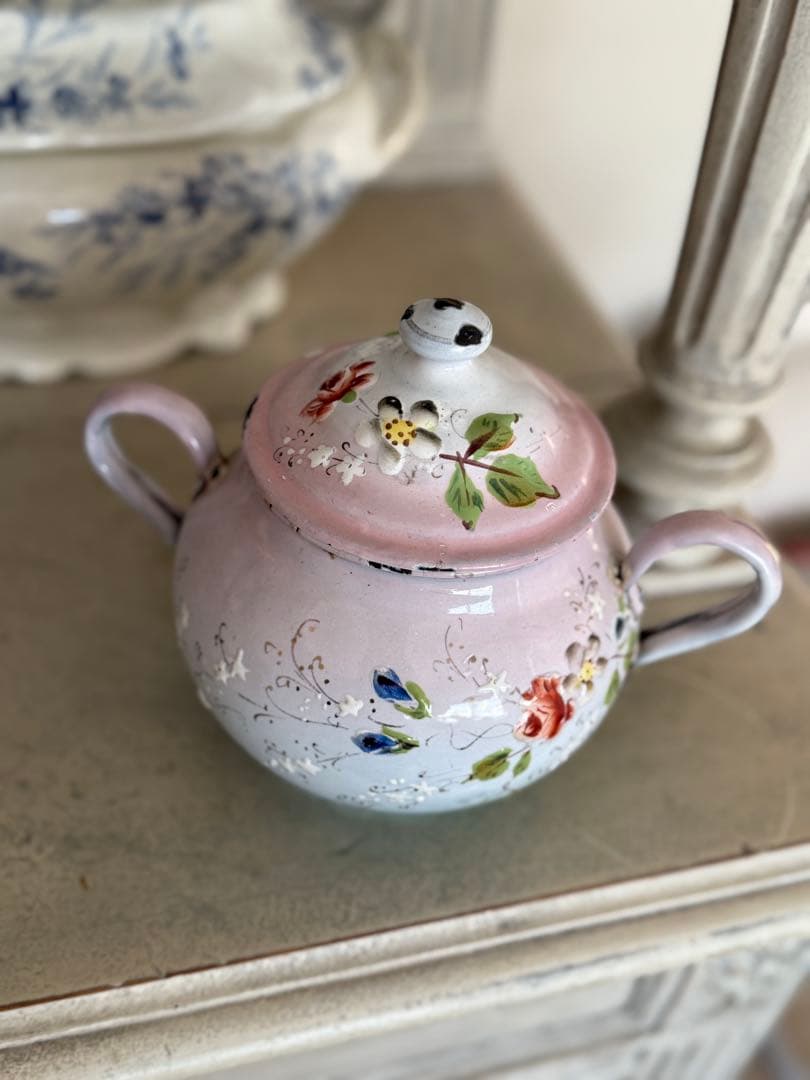 フランスアンティークホーロージャピー社花と小鳥のハンドペイントシュガーポット