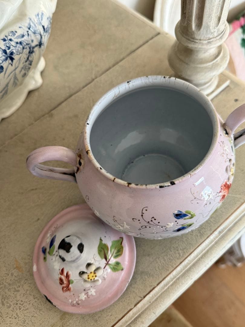 フランスアンティークホーロージャピー社花と小鳥のハンドペイントシュガーポット