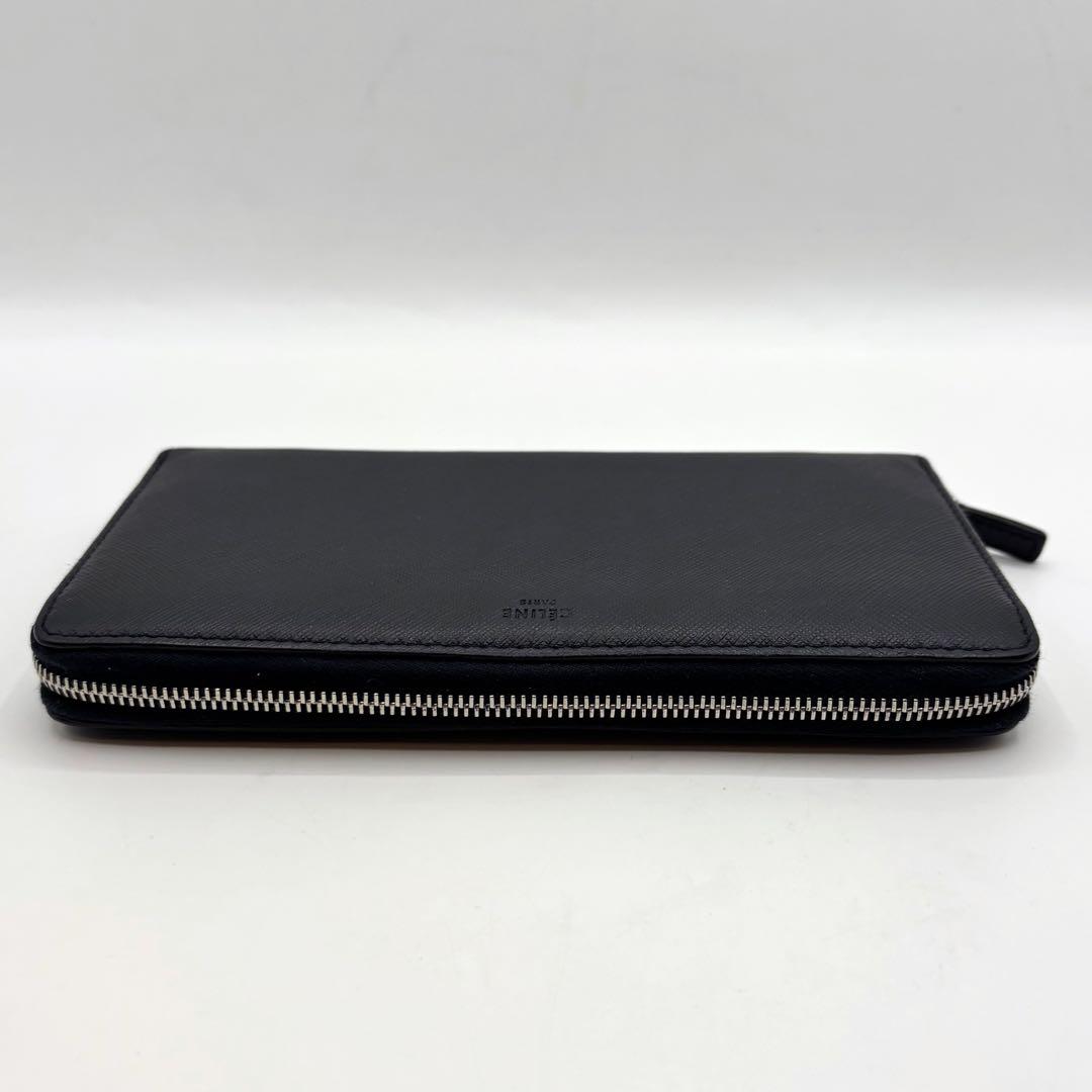 【美品】セリーヌ 長財布 レザー ラウンドファスナー ロゴ型押し ネイビー