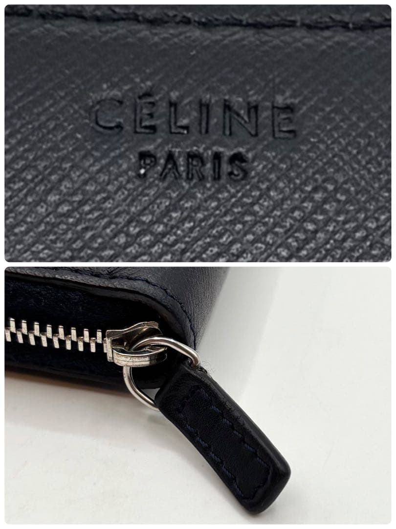 【美品】セリーヌ 長財布 レザー ラウンドファスナー ロゴ型押し ネイビー