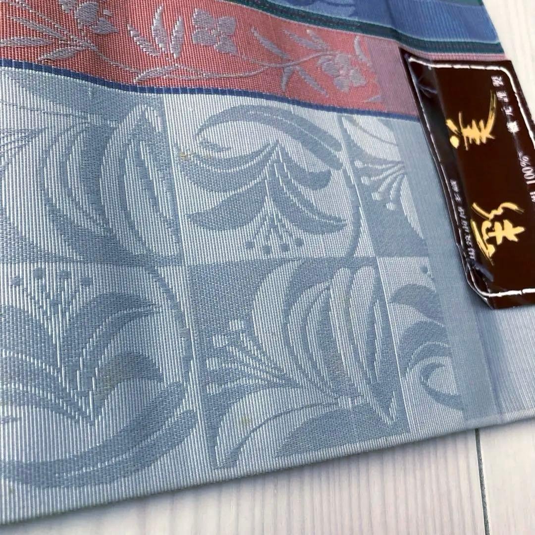 本場筑前博多織　半幅帯　タグ付　花唐草模様　ブルーグレー　No.3-22