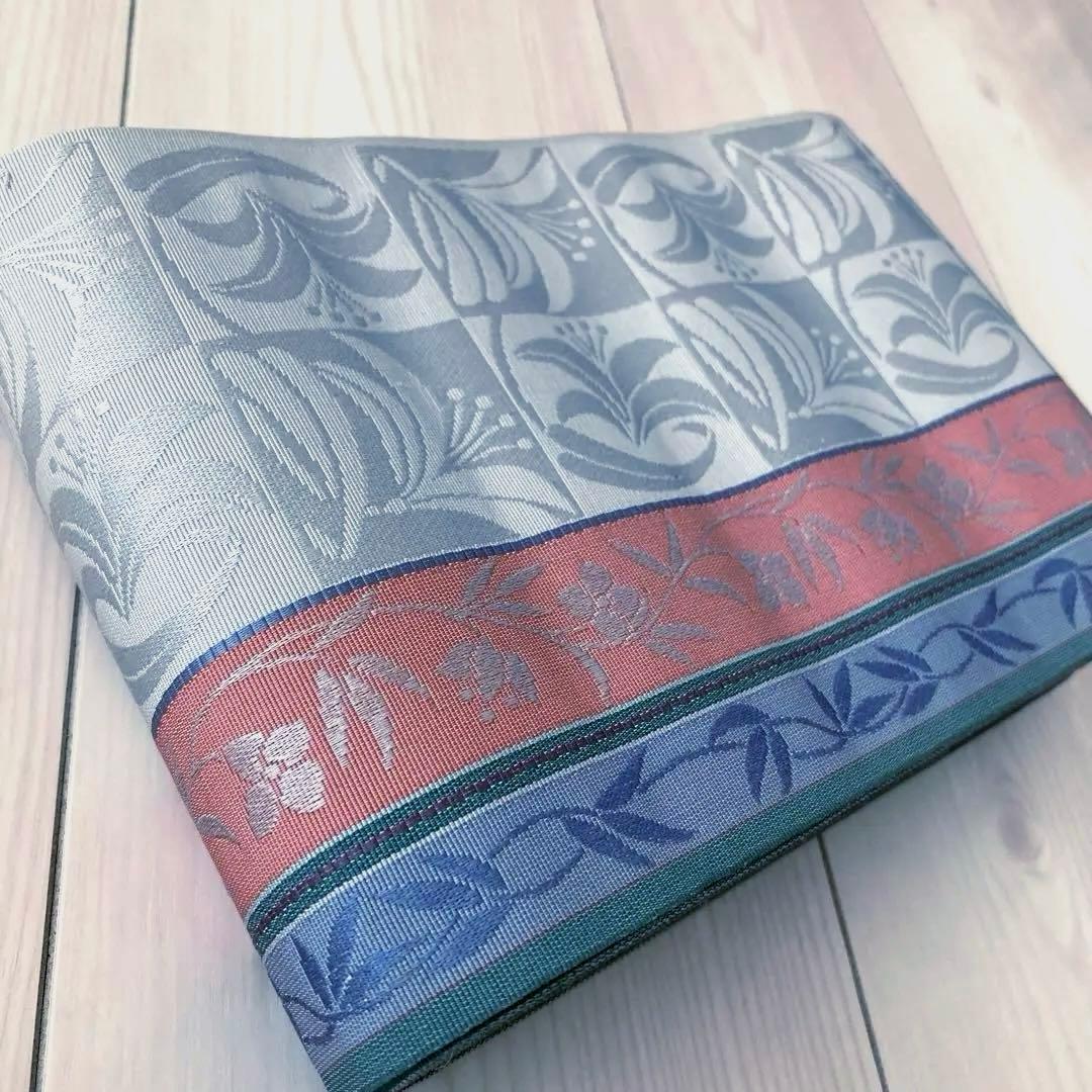 本場筑前博多織　半幅帯　タグ付　花唐草模様　ブルーグレー　No.3-22