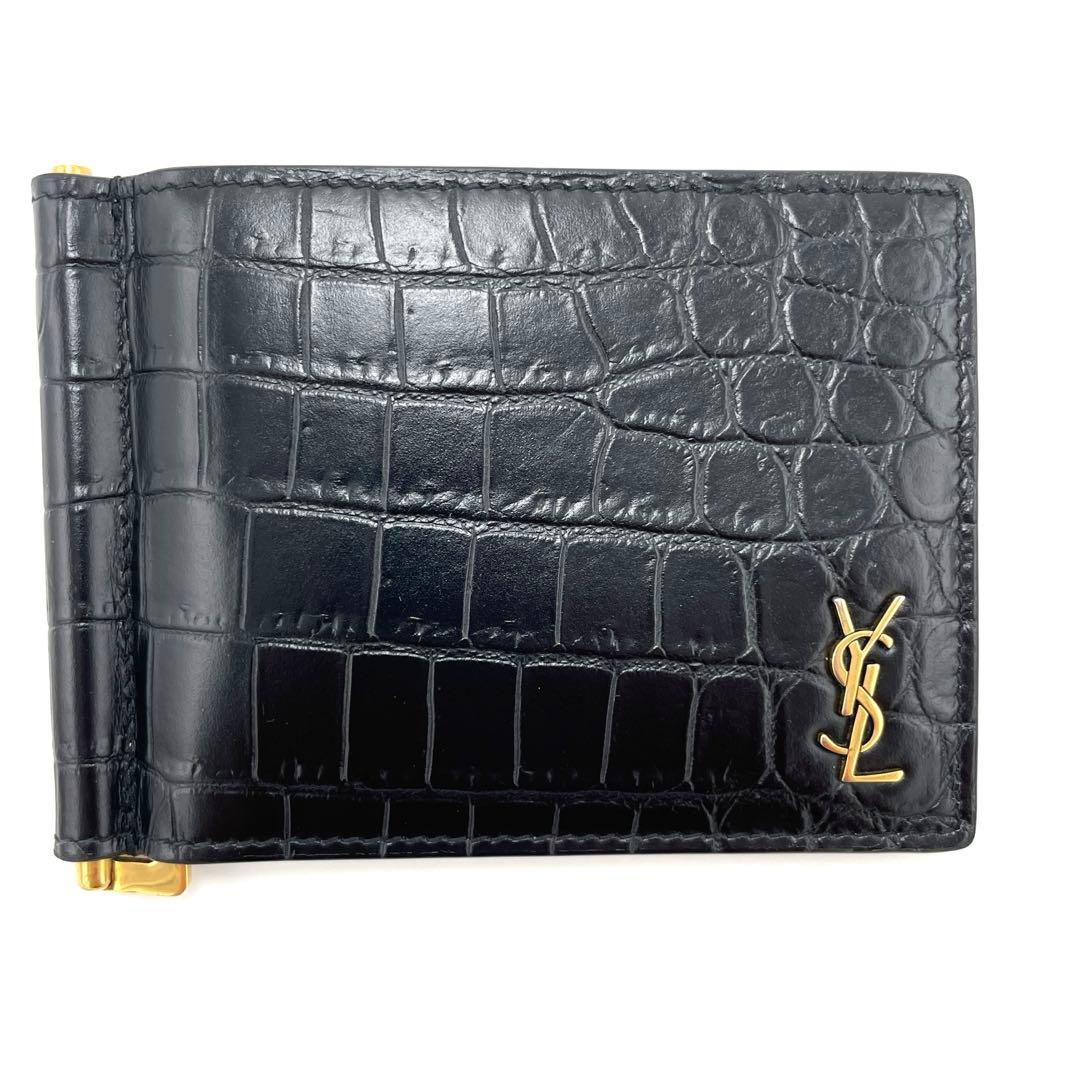 サンローラン YSLライン マネークリップ お札入れ クロコ型押し カサンドラ