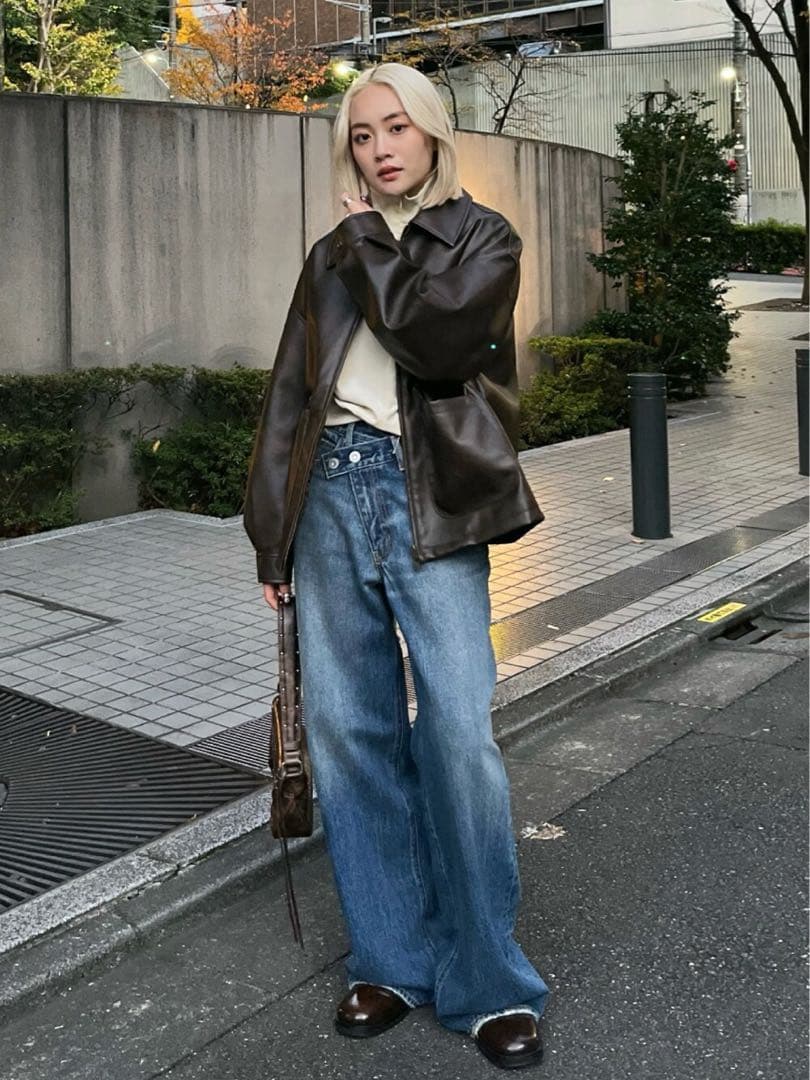 【新品】moussyCROSSWAIST ワイド ストレートデニム0ダークブルー