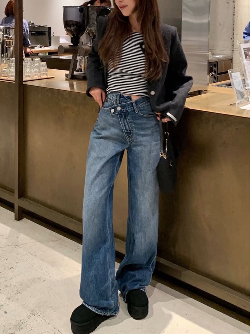 【新品】moussyCROSSWAIST ワイド ストレートデニム0ダークブルー