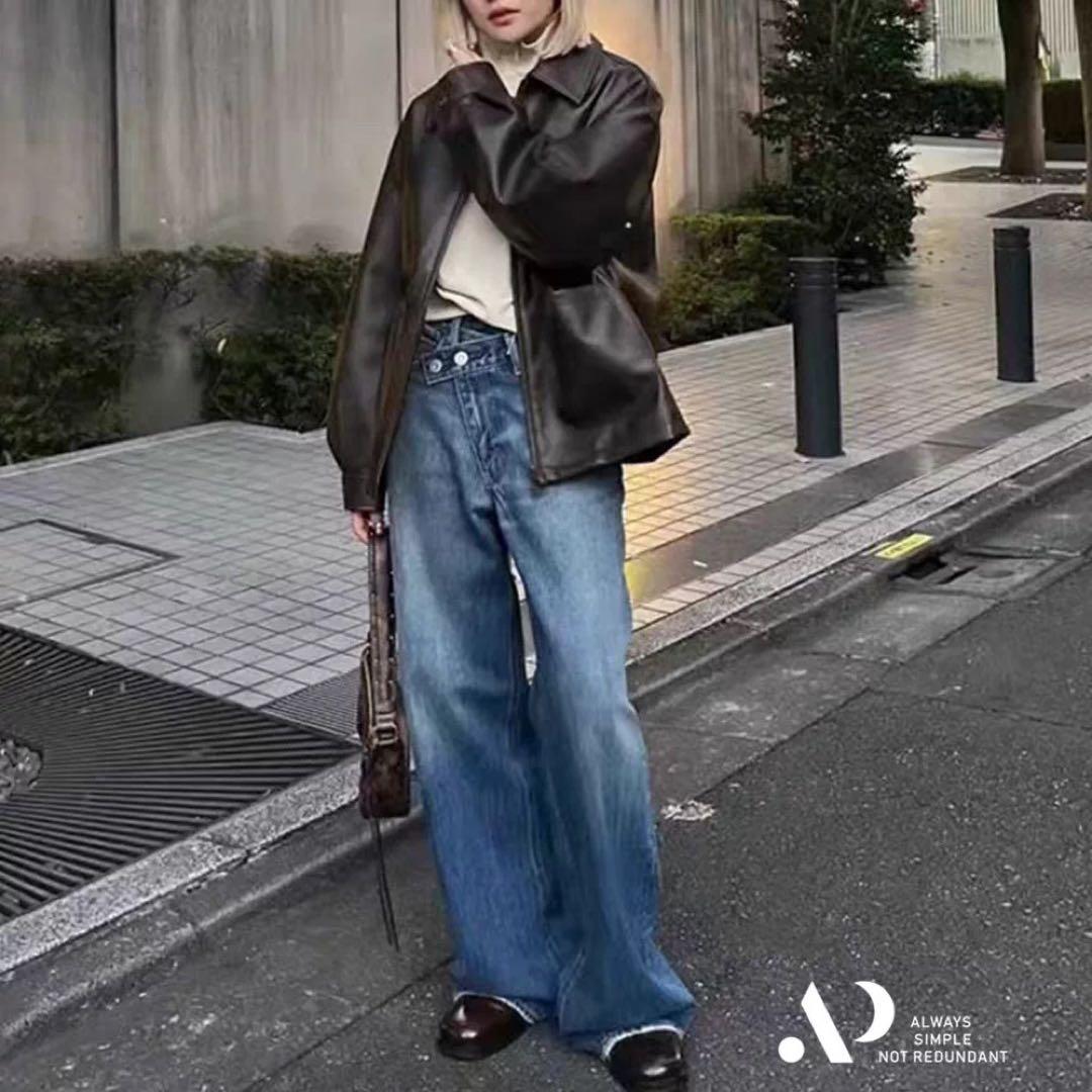 【新品】moussyCROSSWAIST ワイド ストレートデニム0ダークブルー