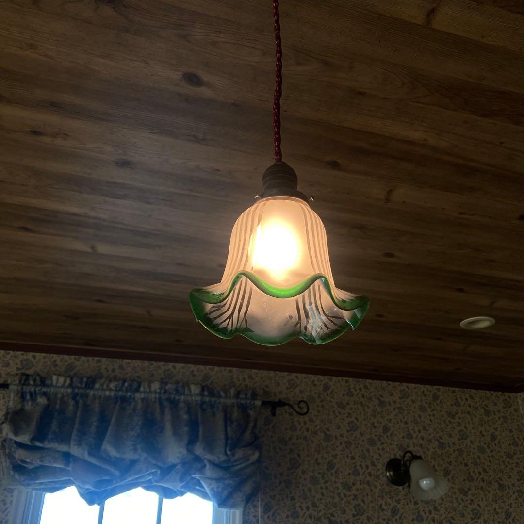 アンティーク　電笠　ガラスシェード　フリル　大正浪漫　照明　レトログリーン