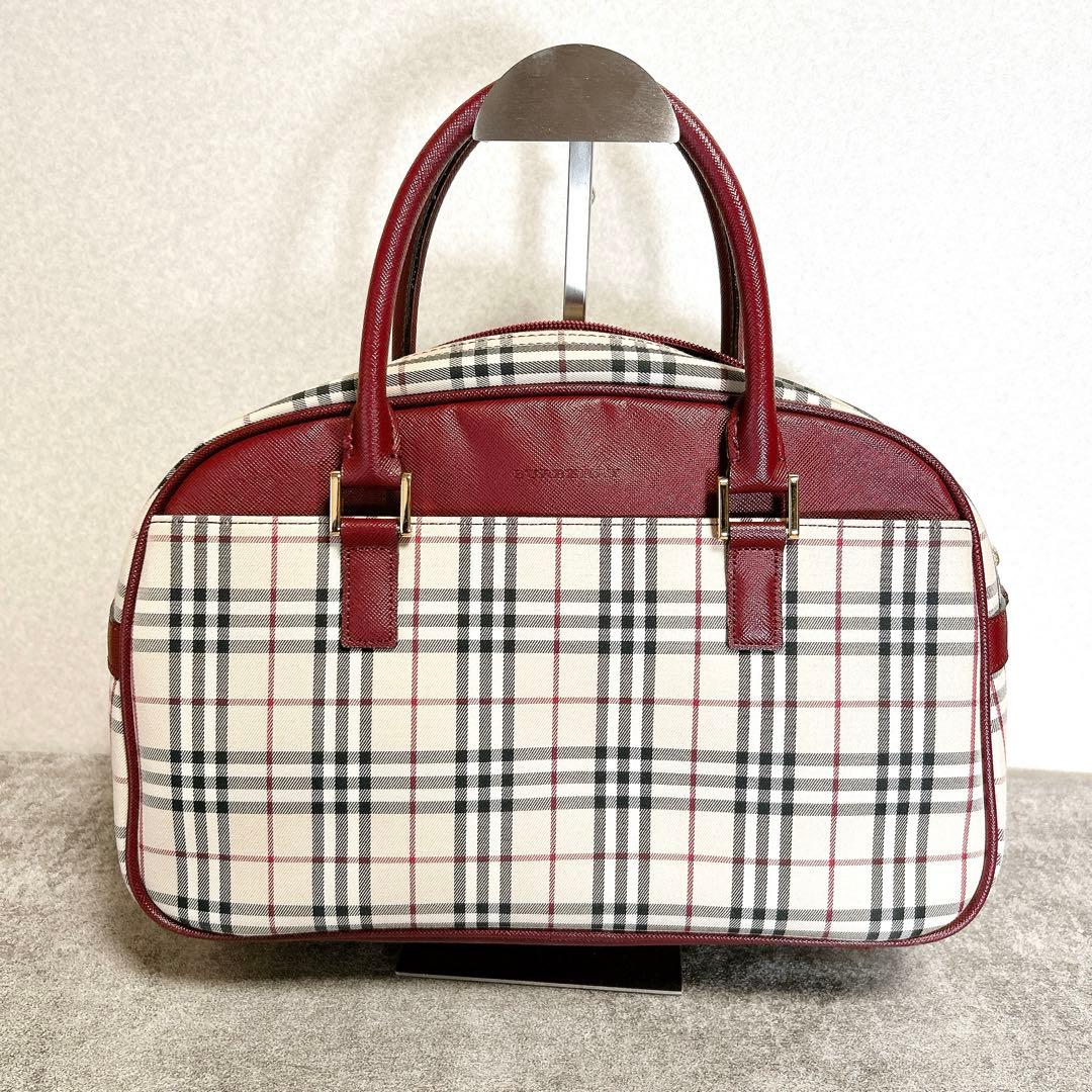極美　バーバリー ノバチェック ミニボストンバッグ ボルドー サフィアーノレザー