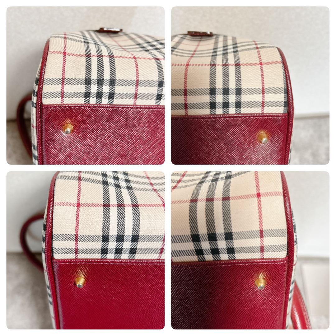 極美　バーバリー ノバチェック ミニボストンバッグ ボルドー サフィアーノレザー