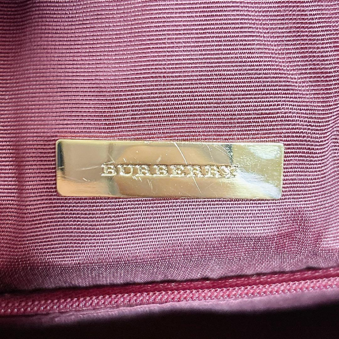極美　バーバリー ノバチェック ミニボストンバッグ ボルドー サフィアーノレザー