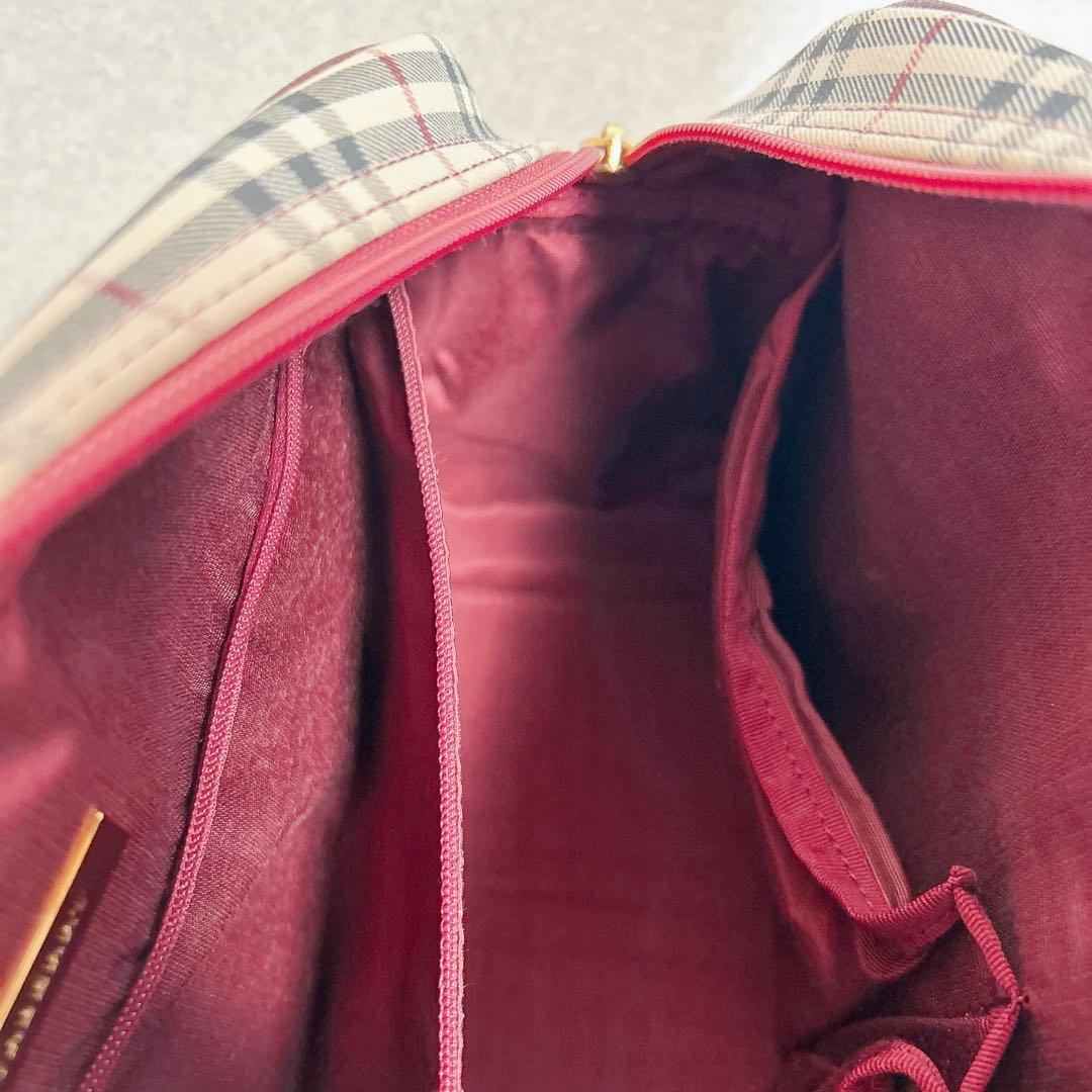 極美　バーバリー ノバチェック ミニボストンバッグ ボルドー サフィアーノレザー