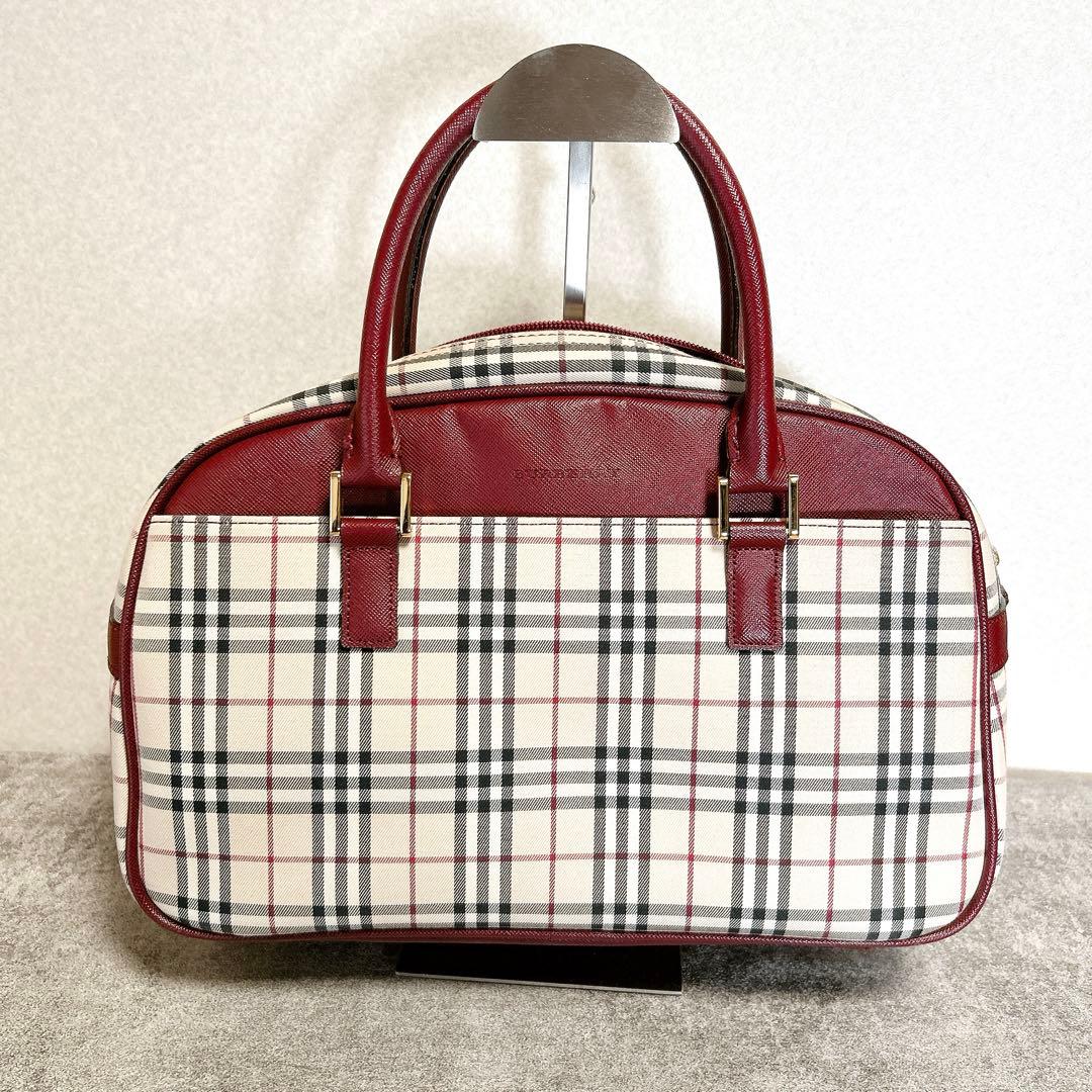 極美　バーバリー ノバチェック ミニボストンバッグ ボルドー サフィアーノレザー