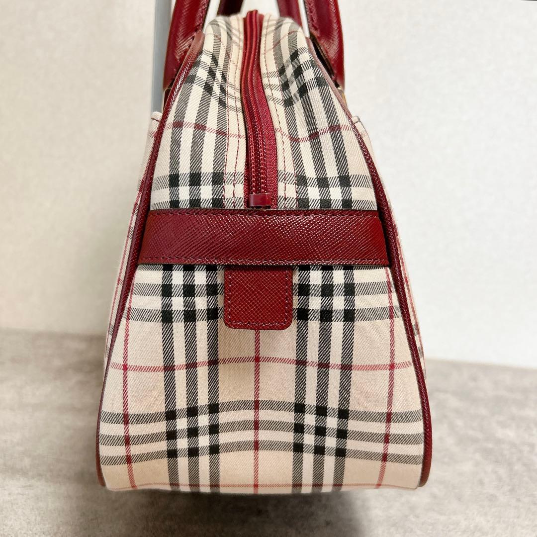 極美　バーバリー ノバチェック ミニボストンバッグ ボルドー サフィアーノレザー