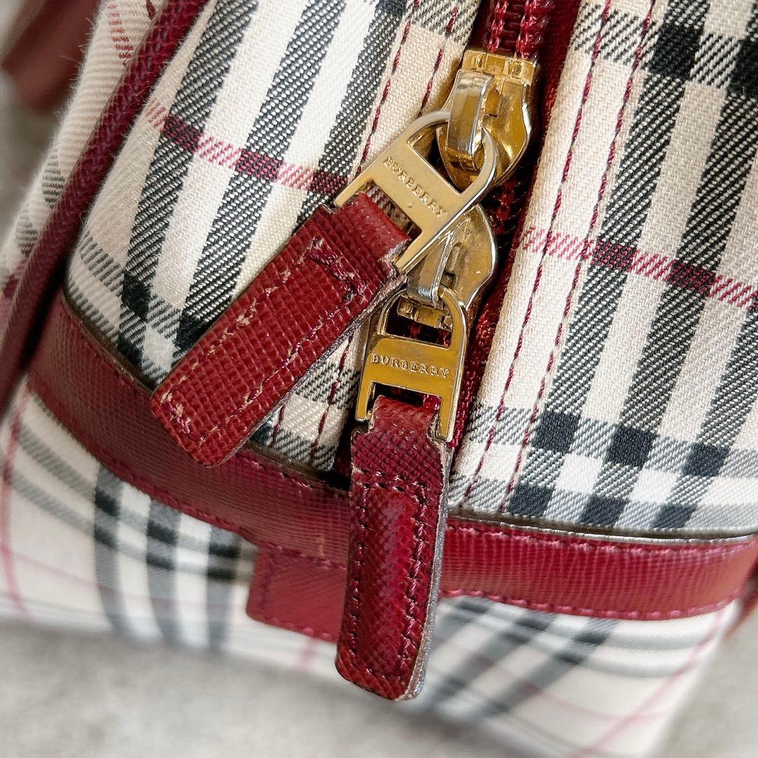 極美　バーバリー ノバチェック ミニボストンバッグ ボルドー サフィアーノレザー