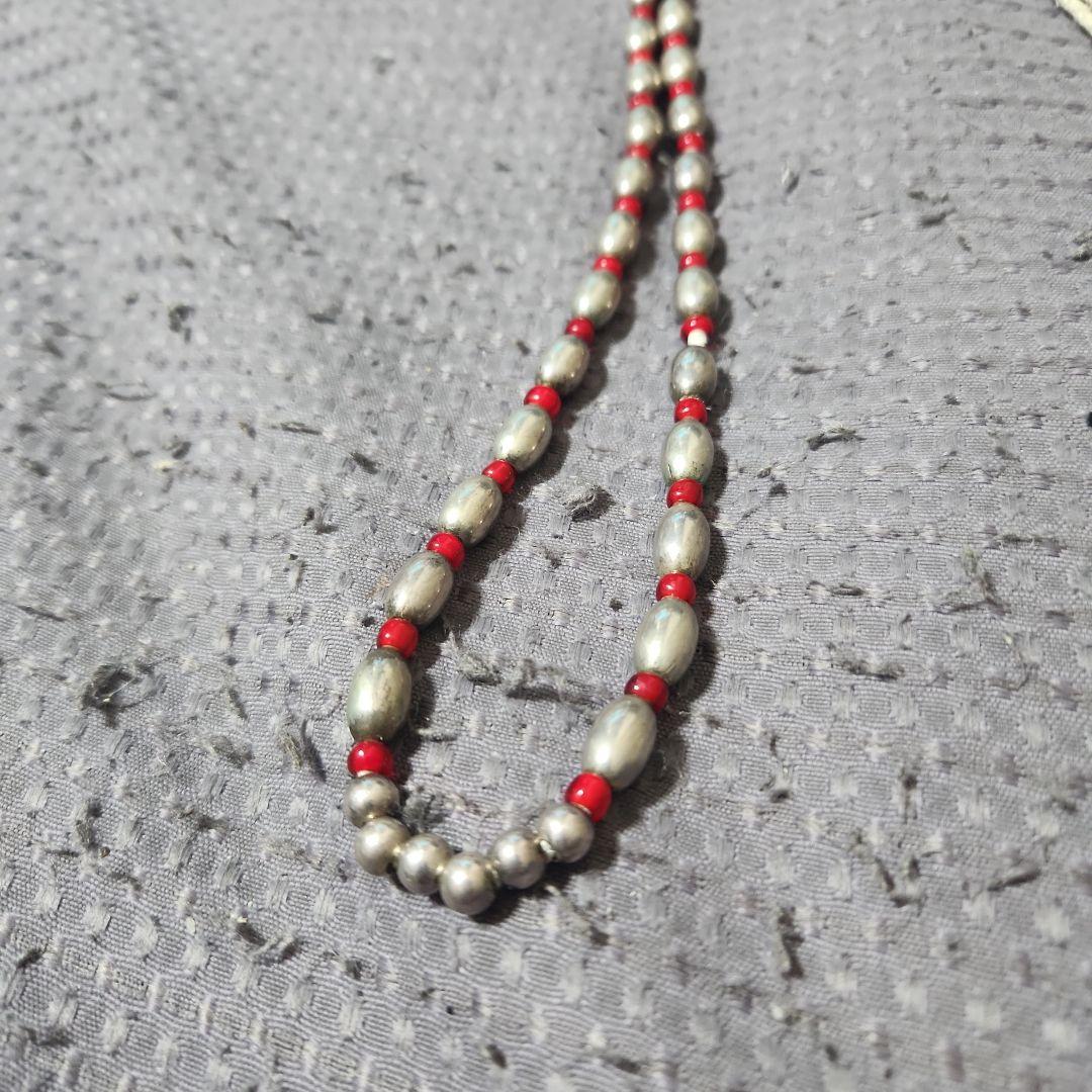 シルバー レッド ビーズ 2連ネックレス