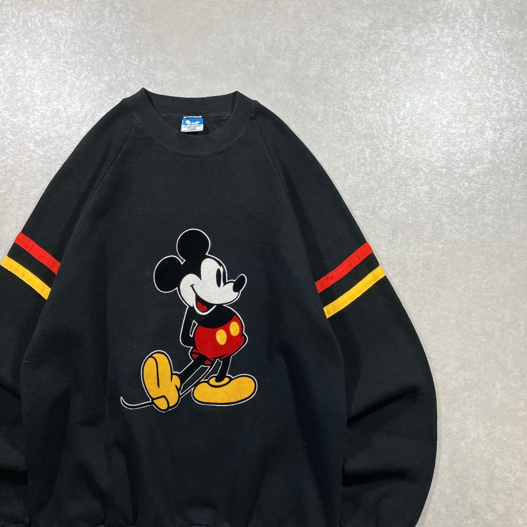 80s USA製 Disney ミッキー ラグランスウェット ブラック 黒 XL
