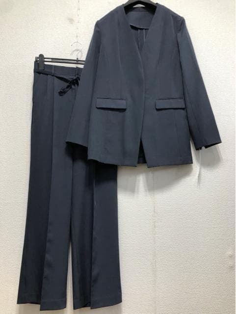 新品☆L紺系♪ロング丈ノーカラージャケット＆ワイドパンツスーツ☆w498
