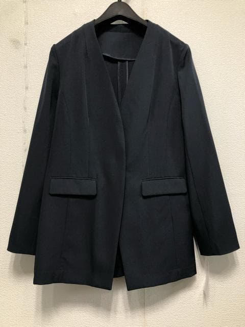 新品☆L紺系♪ロング丈ノーカラージャケット＆ワイドパンツスーツ☆w498